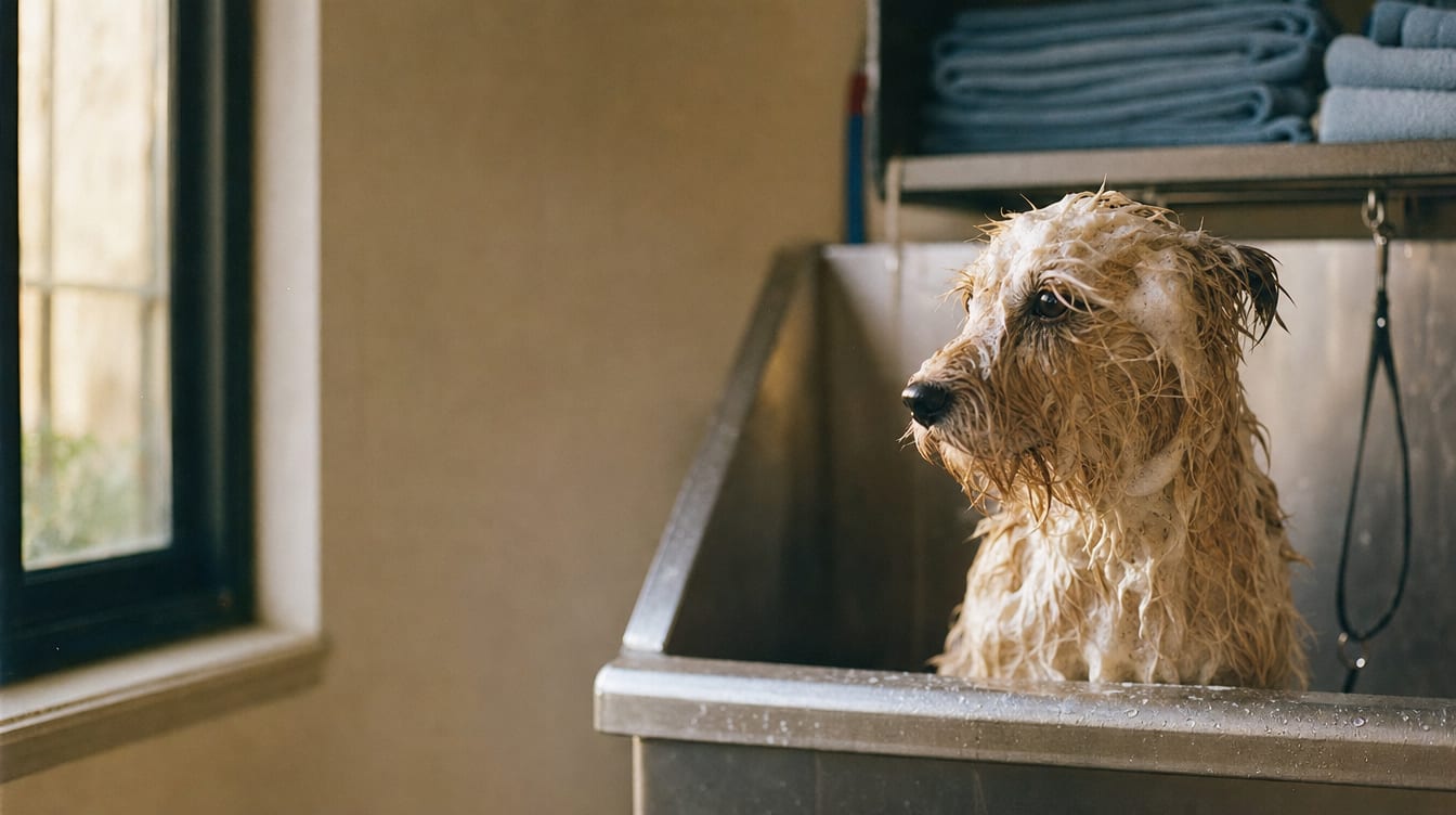 A terrier mid-bath in a grooming tub in warm window light