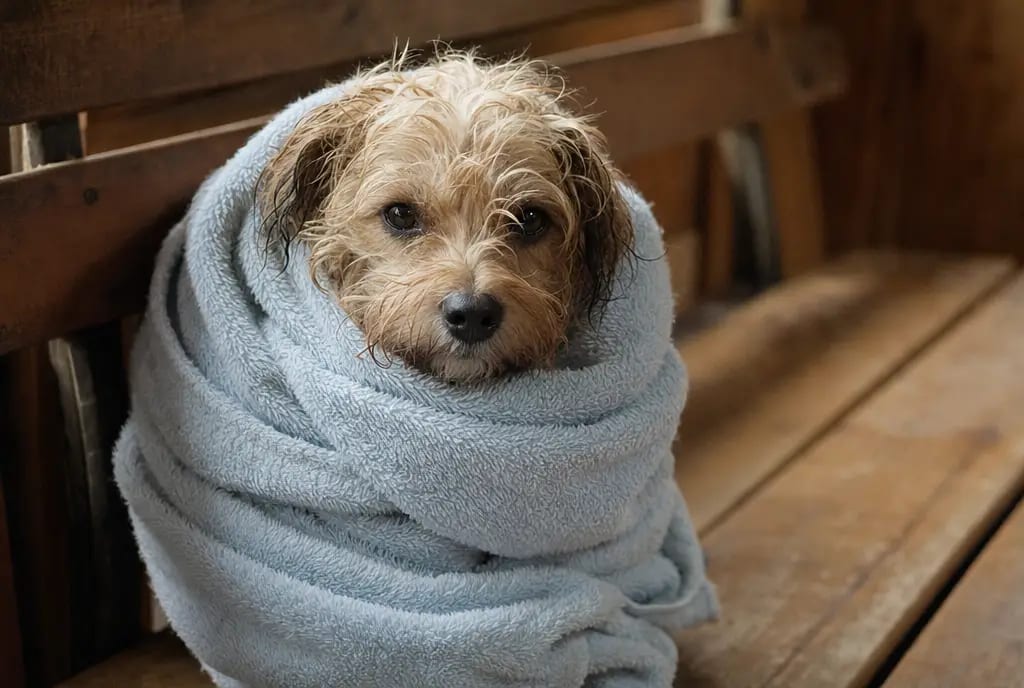 A small dog wrapped in a pale blue towel after a bath