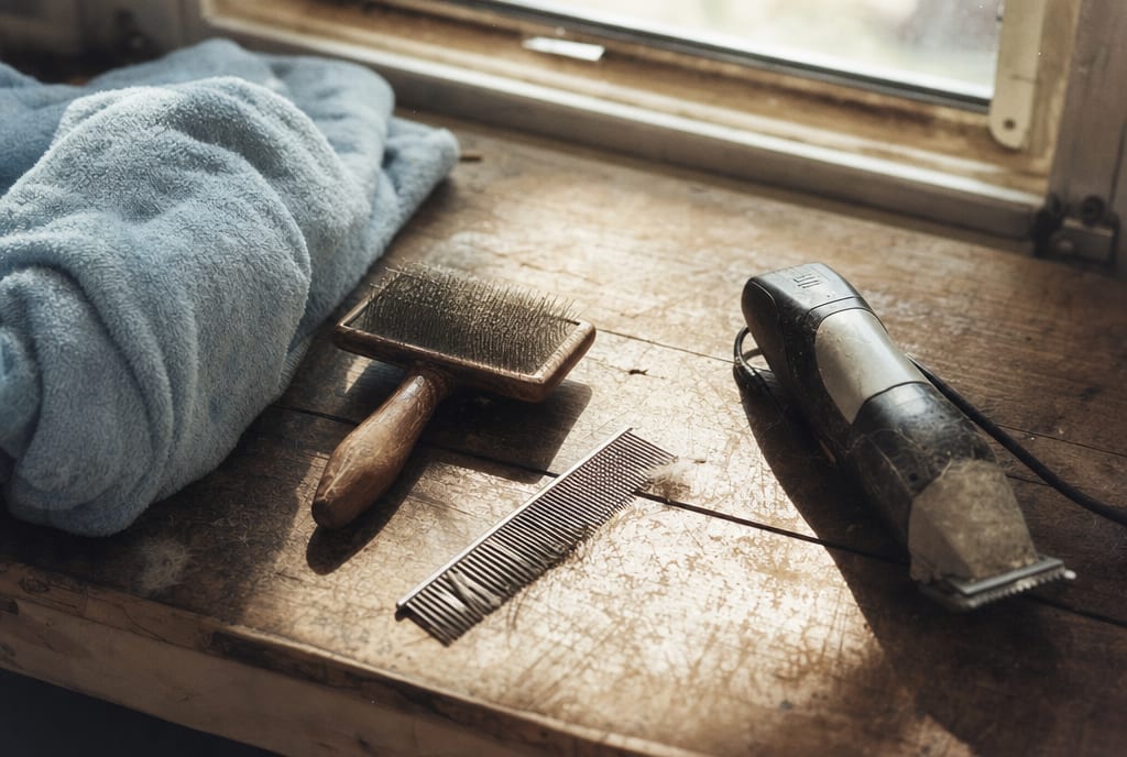 Brushes, comb and clippers on a wooden counter