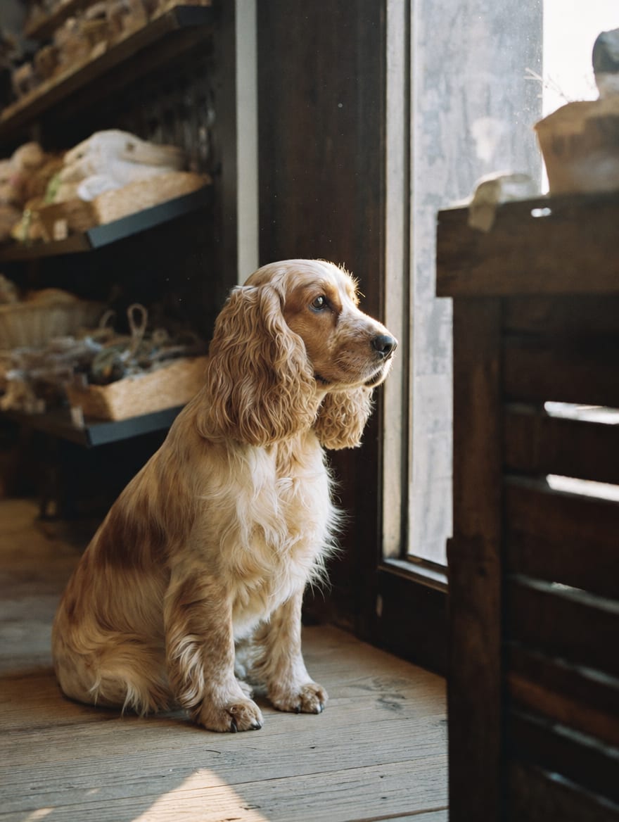 A calm groomed spaniel sitting beside a bright window